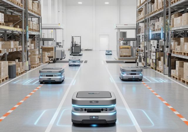 Autonome mobile Roboter-Flotte in einem Logistikzentrum im Grossraum Zürich beim Warentransport